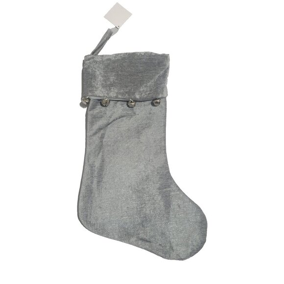 Silver Velvet Christmas Stocking with Jingle Bells Holiday Mantel Décor 17.5' - Picture 5 of 5